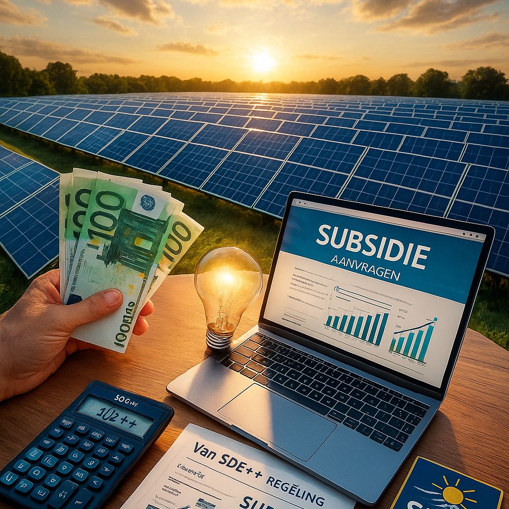Curtailment van een PV-installatie: hand met geld, brandend lampje en laptop met SDE++-subsidie berekening