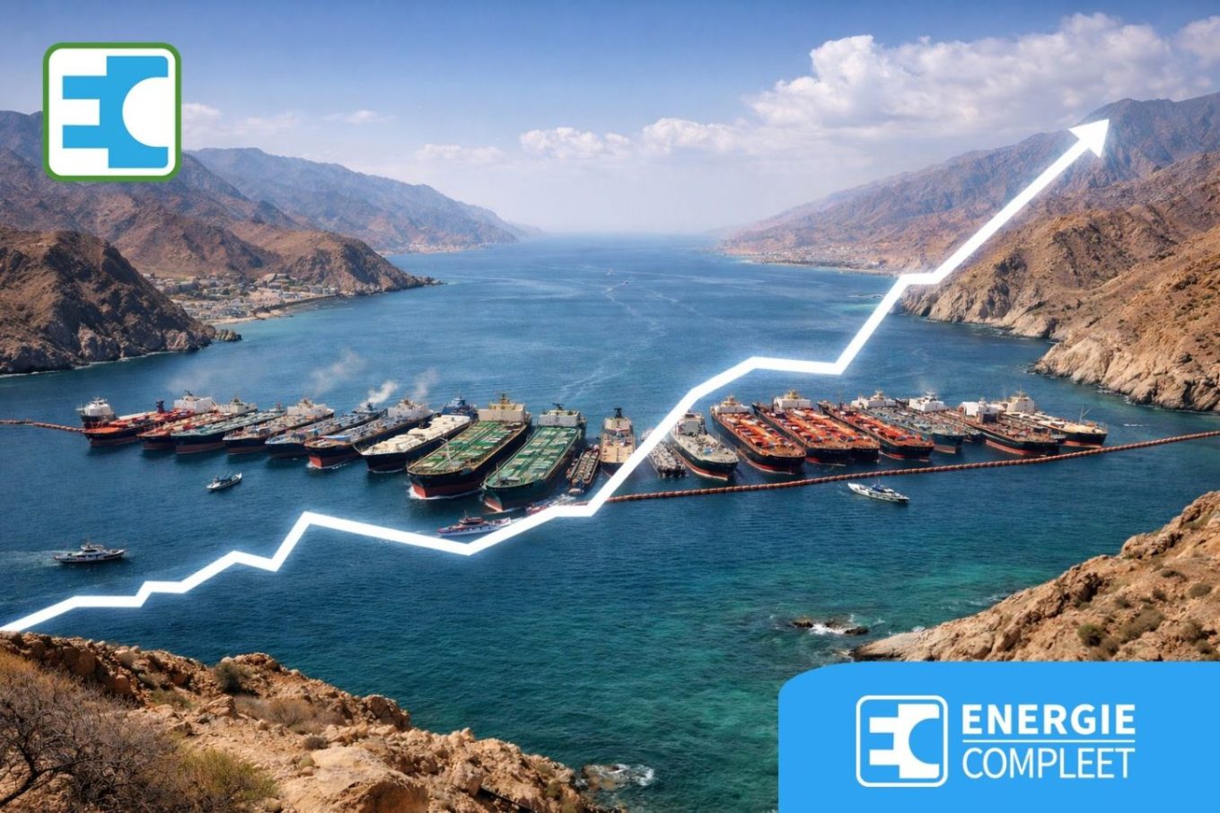 Stijgende gasprijzen in Europa weergegeven in een grafiek, met schepen die vastliggen in de Straat van Hormuz